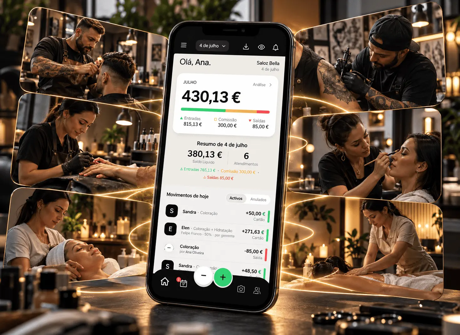 Telemóvel com a app Saloz aberta no resumo do dia, rodeado de profissionais da beleza a trabalhar: barbeiro, nail designer, tatuador, maquilhadora, esteticista e massagista.
